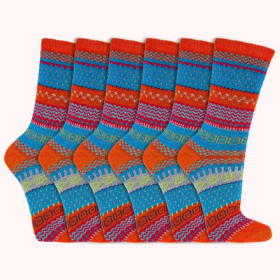 6 paar Wollen sokken – Maat 35-38 - Oranje Blauw - Hygge sokken - Scandinavische print