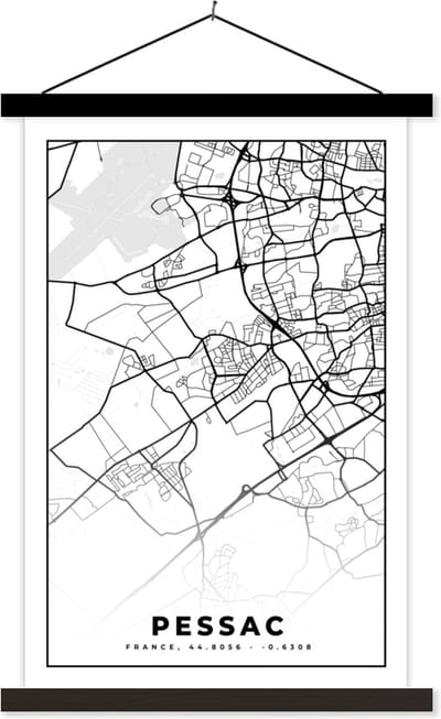 Posterhanger incl. Poster 40x60 cm - Schoolplaat - Kaart - Stadskaart - Frankrijk - Plattegrond - Pessac - Zwart wit - Textielposter - Zwarte latten - Stadskaart