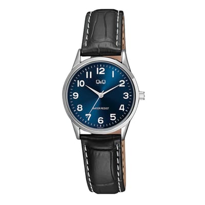 Q&Q C11A-016PY - Horloge - Analoog - Dames - Vrouwen - Leren band - Rond - Cijfers - Zwart - Zilverkleurig - Blauw