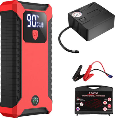 Toivo 12V Jumpstarter voor Auto met Compressor - 1000A - 4-in-1 Starthulp met Powerbank, LED Zaklamp en SOS Noodlicht - Startkabels met Accu - Startbooster