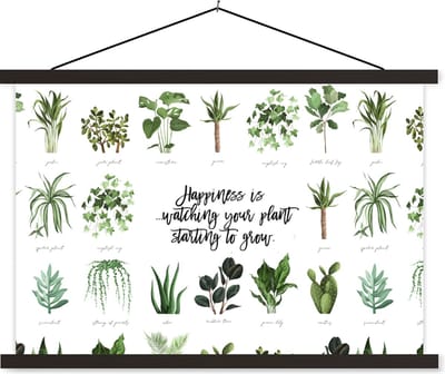Posterhanger incl. Poster 60x40 cm - Schoolplaat - Quotes - Spreuken - Happiness is... watching your plant starting to grow - Textielposter - Zwarte latten