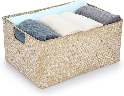Zeegras Opslag Geopende Mand - Woonkamer Decoratieve Geweven Rieten Handdoek Organizer - Desktop Badkamer Opslag Box Voor Planken & Bureaus - Multifunctionele Opbergmand, Whitewash