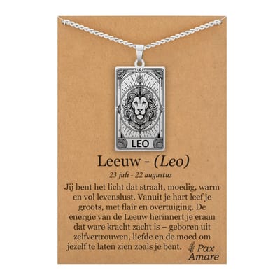 Sterrenbeeld Leeuw (Leo) Ketting op Cadeau Kaartje Zilverkleurig - Zodiac in de stijl van Rider-Waite Tarot - Roestvrij Staal / Stainless Steel - 60cm - Pax Amare