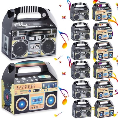 Dailygoods- Geschenkdozen met deksel - 12 stuks - Vintage radio-motief - Veelkleurig - Papiervulling - Afmetingen 16 x 9,5 x 9,5 cm - Cadeaudozen