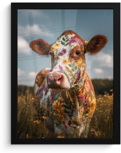 Poster in lijst - Fotolijst 30x40 cm - Posters - Koe - Bloemen - Weiland - Posterlijst zwart - Decoratie - Wanddecoratie woonkamer - Muurdecoratie slaapkamer