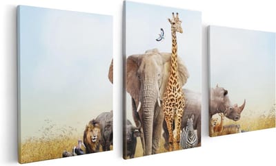Artaza Canvas Schilderij Drieluik Afrikaanse Dieren op het Gras - Afrika - 120x60 - Foto Op Canvas - Canvas Print