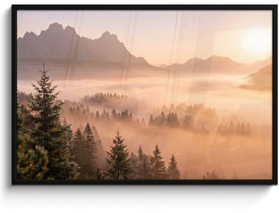 Poster in lijst - Fotolijst 120x80 cm - Posters - Zonlicht - Mist - Bergen - Bomen - Posterlijst zwart - Decoratie - Wanddecoratie woonkamer - Muurdecoratie slaapkamer