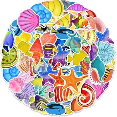 Dieren uit de Zee Stickers | 50 stuks - 4x7 CM | Schelpen, vissen, kwallen, zeepaardjes & zeesterren | Stickermix voor laptop, badkamer, fiets, skateboard, koelkast etc. | Geschikt voor kinderen