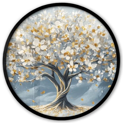 Poster in lijst Rond - Fotolijst 40x40 cm - Posters - Boom - Winter - Levensboom - Modern - Goud - Ronde posterlijst zwart - Decoratie - Wanddecoratie woonkamer - Muurdecoratie slaapkamer