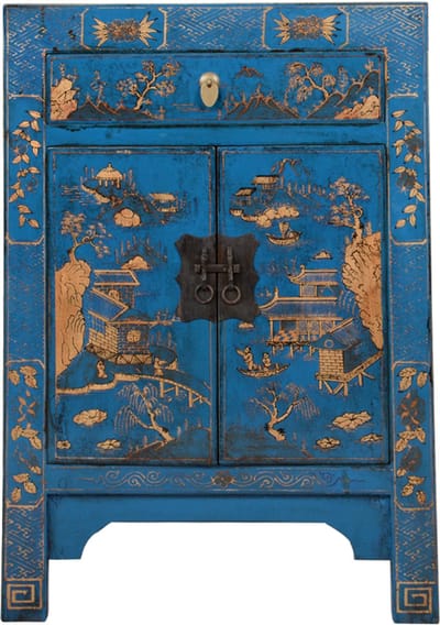 Fine Asianliving Chinese Kast Blauw Handgeschilderd Landschap B58xD37xH85cm Chinese Meubels Oosterse Kast