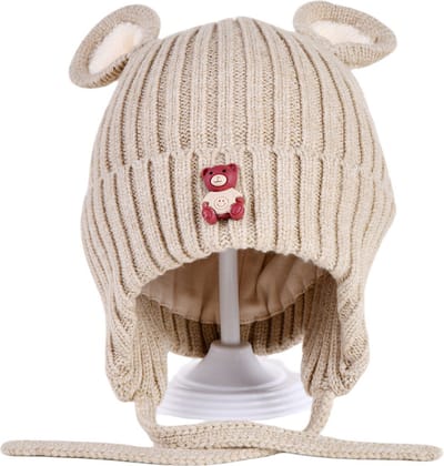 Decopatent - Muts Kind - Kinder muts met Beren Oren - Teddy Bear - 6 Maanden t/m 6 jaar - Maat 48/52 - Kindermutsen Jongens & Meisjes - Gebreide Muts met Binnenvoering - Muts Baby / Peuter / Kleuter - Wintermuts - Kleur: Beige