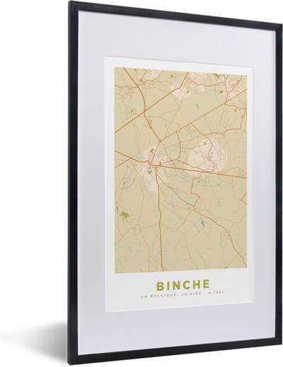 Fotolijst incl. Poster - Plattegrond - Stadskaart - Retro - Binche - Kaart - 40x60 cm - Posterlijst