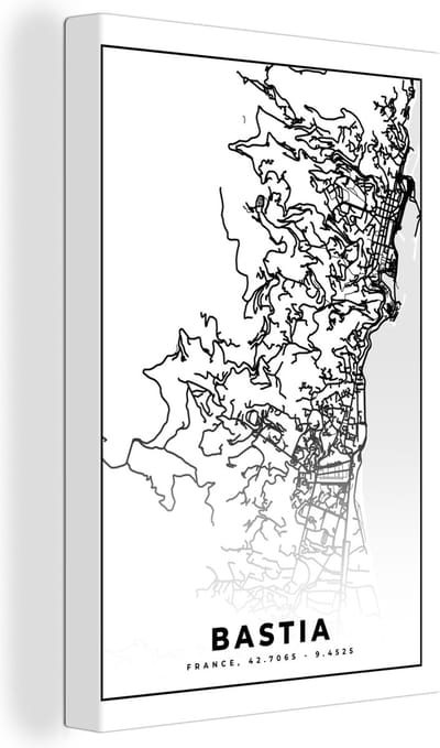 Canvas Schilderij Stadskaart – Plattegrond – Kaart – Bastia - Frankrijk - Zwart wit - 20x30 cm - Wanddecoratie