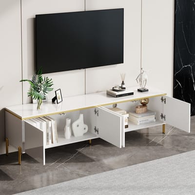 Moderne tv-meubel met hoogglans - vier deurtjes - kabelingang - gouden randdecoratie - tv-kast voor woonkameropslag - wit