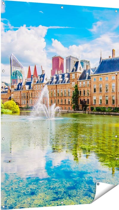 Gards Tuinposter Binnenhof met het Hofvijver in Den Haag - 100x150 cm - Tuindoek - Tuindecoratie - Wanddecoratie buiten - Tuinschilderij