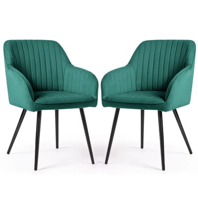 Set van 2 Eetkamerstoelen FLORENCE met Armleuningen / Gestoffeerde Stoelen / Fluwelen Stoelen en Metalen Poten / Flesgroen met zwarte benen