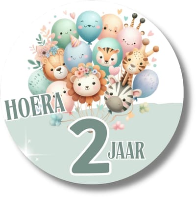 Hoera 2 jaar stickers - Jungle dieren verjaardag - 20 stuks - 4 cm