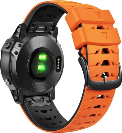 Siliconen bandje - geschikt voor Garmin Fenix 5 / 5 Plus / 6 / 6 Pro / 7 / 7 Pro / 8 (47 mm) / E (47 mm) / Epix (Pro) (2) 47 mm / Quatix 5 / 6 / 7 / 7 Pro / Approach S60 / S62 / S70 47 mm / MARQ / D2 Delta / D2 Mach 1 / Descent G1 - oranje-zwart