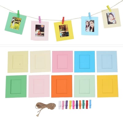 DIY Fotolijsten Set van 10 Stuks, 3 Inch Kartonnen Fotolijsten met Houten Clips en Touw, Multicolor Wanddecoratie voor Thuis, School en Kantoor