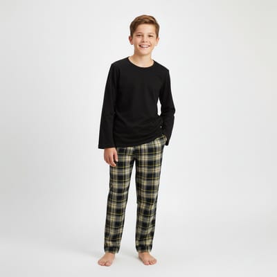 La-V pyjama sets voor jongens met geruite flanel broek -Zwart 140-146