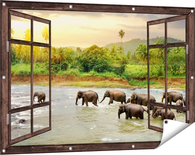 Gards Tuinposter Doorkijk Kudde Olifanten in het Water - 120x80 cm - Tuindoek - Tuindecoratie - Wanddecoratie buiten - Tuinschilderij