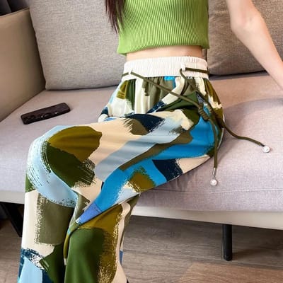 Grote Maat MM IJszijde Wijde Pijpen Dames Zomer Dunne Losse Hoge Taille Hangende Tie-Dye Slanke Rechte Casual Broek 3XL