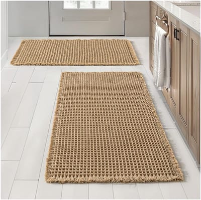 Super Absorberende Waffle Badmat, Antislip en Wasbaar, Zachte Tapijten met Kwastjes voor Badkamer, Keuken en Woonkamer, 61 x 92 cm, Bruin