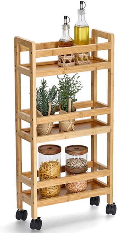 Zeller Keuken Trolley - met 3 niveaus - bruin - bamboe hout - 36 x 15 x 74 cm - 4 zwenkwielen