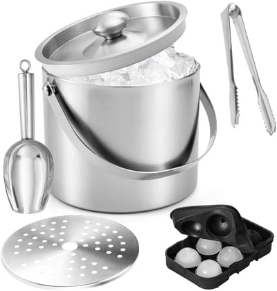 Solidchoice- Ijsemmer 4 Liter Dubbelwandig - Roestvrij Staal - Set met Zeef/Ijstang/Ijsschep - Koelen van Drankjes - Hygiënische Opslag - Stevige Handgreep - Koelbox