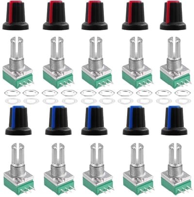 10 sets RK097N B10K knurled shaft potentiometer met 3 terminals, variabele weerstanden en kunststof knoppen voor precisie-instellingen