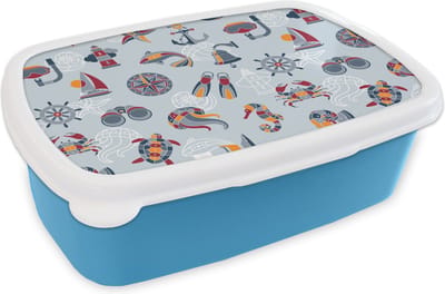 Broodtrommel Blauw - Lunchbox - Brooddoos - Zee - Dieren - Patronen - Kinderen - Marine - 18x12x6 cm - Kinderen - Jongen