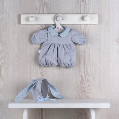 Asi poppenkleding - Scandinavisch design grijs/blauw met konijnenoren poppenoutfit.