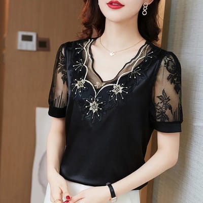 Chiffon Blouse Korte Mouw Zomer Dames Grote Maat Kant Top Dames Los T-shirt Kleine Blouse M