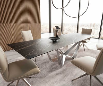 Eetkamertafel Edge keramiek Laminam®Noir Desir bruin 200-300x100 spider vlak staal RVS uitschuifbaar