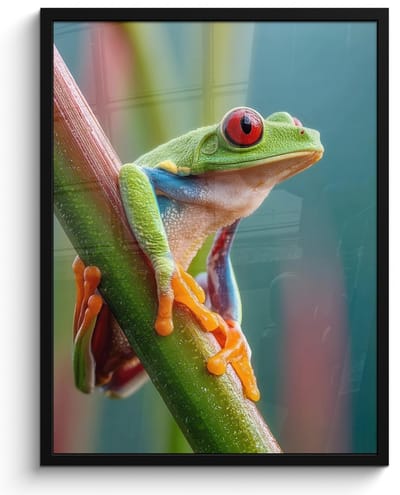 Poster in lijst - Fotolijst 50x70 cm - Posters - Kleurrijke kikker - Groene stengel - Alert - Posterlijst zwart - Decoratie - Wanddecoratie woonkamer - Muurdecoratie slaapkamer