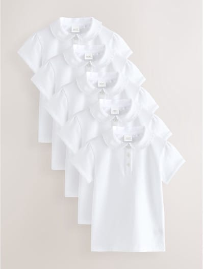 Next - Meisjes - 5 Pack katoenen stretchy schoolpoloTops met rucheskraag - Wit