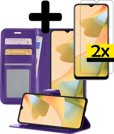 Hoesje - Met 2x Screenprotector - Geschikt voor OPPO A16 - Luxe Pasjeshouder - Bookcase Portemonee - Flip Case - Kunstleer Book Case - Flipcase Hoes - Book Cover - Walletcase - Portemonneehoes - Telefoonhoesjes - Paars
