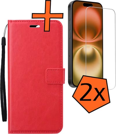 Hoes - Met 2x Screenprotector - Geschikt voor Apple iPhone 16 - Luxe Pasjeshouder - Bookcase Portemonee - Flip Case - Kunstleer Book Case - Flipcase Hoes - Book Cover - Walletcase - PortemonneeHoes - Rood
