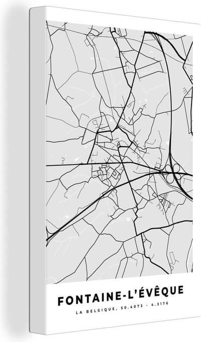 Canvas Schilderij Stadskaart – Zwart Wit - Kaart – Fontaine l'Évêque – België – Plattegrond - 20x30 cm - Wanddecoratie