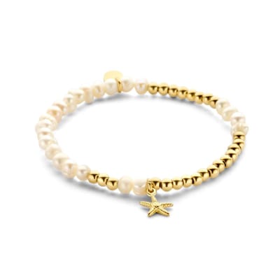CO88 Collection 8CB-90839 Stalen Armband - Dames - Kralen - 4 en 4,5 mm Doorsnee - Staal en Parel - Zeester - 17,8 cm Lengte - Rekarmband - Goudkleurig