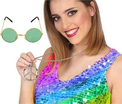 Hippie Flower Power verkleed accessoires set - ronde glazen bril groen - peace teken ketting - Sixties thema