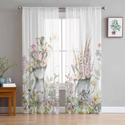 Planten Bloemen Aquarel Vaas Transparante Gordijnen voor Woonkamerdecoratie Raamgordijnen Keuken Tule Voile Organza Gordijnen W135 x H115cm x1 white