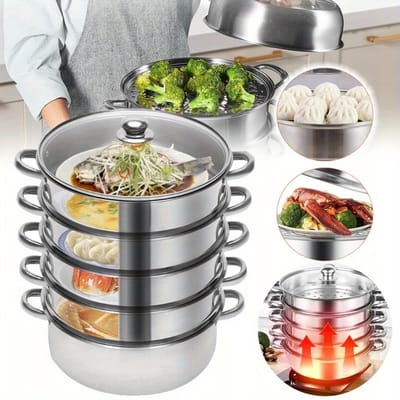 30cm Roestvrijstalen Stoombootpot 5-Tier Multifunctionele Soeppan Voor Het Koken Van Dumplings Groentensoep Praktische Thuisstoomboot Met Deksel