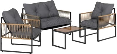 Tuinset - Loungeset met 2-Zitsbank, 2 Fauteuils, Salontafel met Glazen Blad & Kussens - Tuinmeubelset voor 4 Personen - Tuinbank - Zitset - Tuinsalon - Zitgroep - Polyrattan - voor Terras, Balkon, Tuin - Antraciet