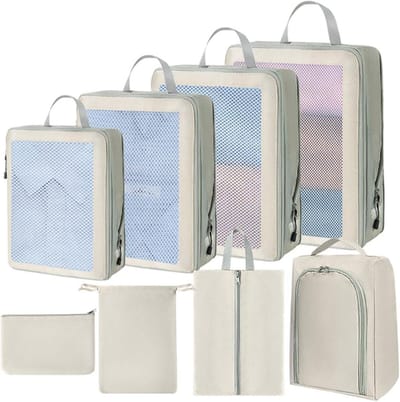 Compressiezakken Reizen - Opbergzakken Kleding - Bagage Organiseren - Waterdicht Nylon Polyester - Set van 8 - Beige