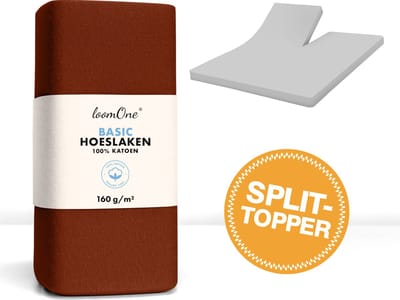 Loom One Hoeslaken Splittopper – 100% Jersey Katoen – 180x200 cm – tot 12cm matrasdikte– 160 g/m² – Bruin