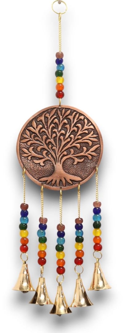 Ancient Wisdom - Windgong - Indiase klokkenspel met chakra kralen en 5 bellen - meditatie - rust - harmonie - decoratie - geluid - klank