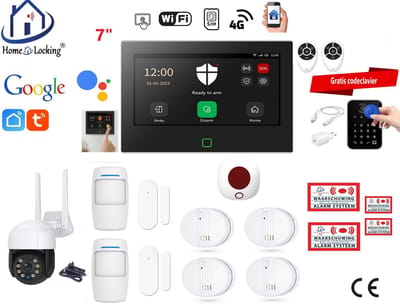 Draadloos / bedraad alarmsysteem met 7-inch touchscreen voor woning/camper/boot/caravan werkt met wifi en sim kaart en met spraakgestuurde apps. (Nederlands of Frans stem en tekst). ST01B-64