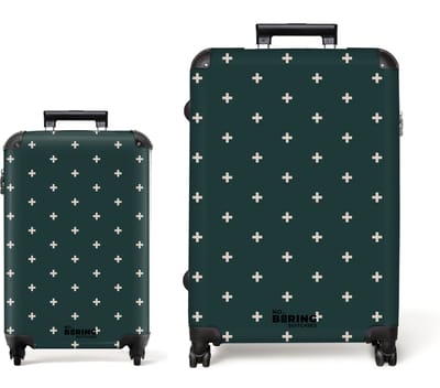 NoBoringSuitcases.com® - Kofferset 2 delig - Koffer lichtgewicht - Groen met witte plus tekens - Reiskoffer set met 4 wielen - Handbagage trolley - Middelgrote rolkoffer - Ruimbagage koffer - Koffers met TSA slot