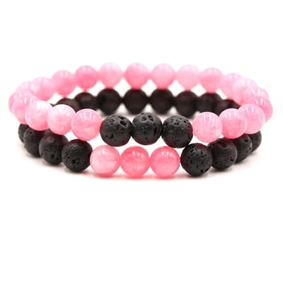 Bixorp Gems Dubbele Natuursteen Armband voor Man & Vrouw - Lichtroze/Zwart contrast - Edelsteen Armband Cadeau - Lavasteen - 20cm